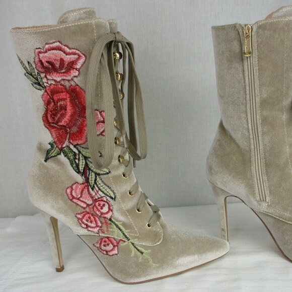 Cape Robbin Womens Embroidered Velvet Lace-up Mid-Calf Stiletto Heel Boot Nude - Picture 2 of 9